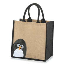 Black Jute Handle Penguin Printed Recycle Hemp Lightweight Jute Tote Bag for Grocery